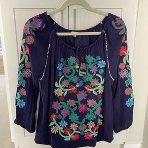 John Mark Top, Size XL, in Navy with Colorful Embroidery